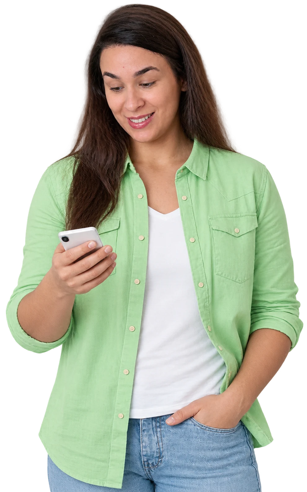 Rebeca mostrando uma conversa de atendimento no celular